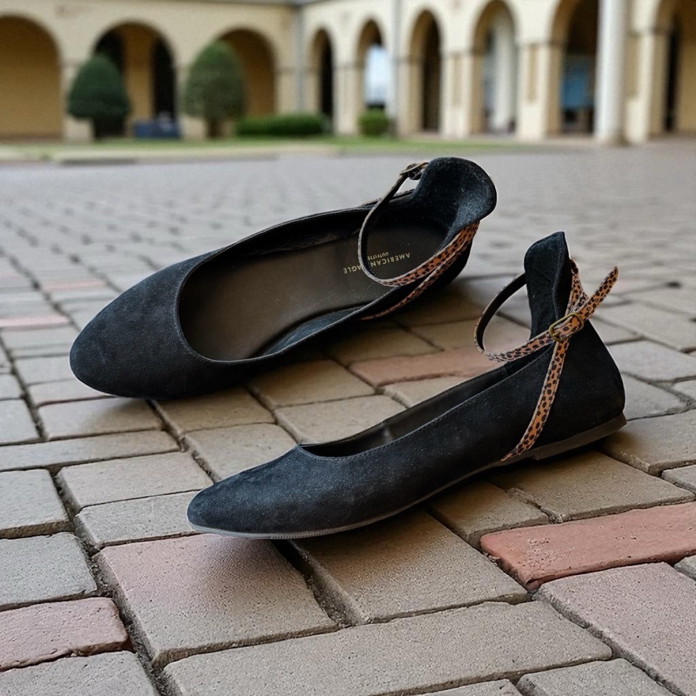 American Eagle Black Flats with Leopard Ankle Strap